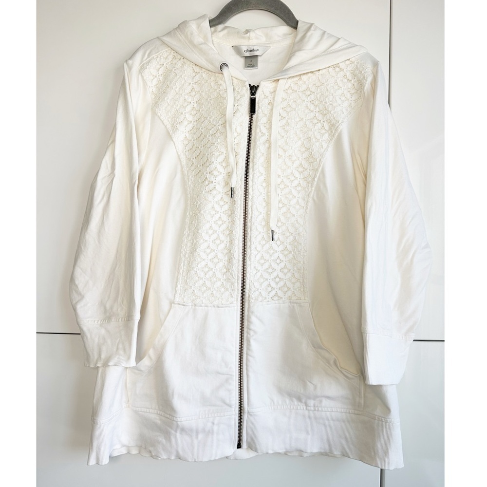 CJ Banks Lace Front Zip Up Sweatshirt Hoodie Cream Pockets